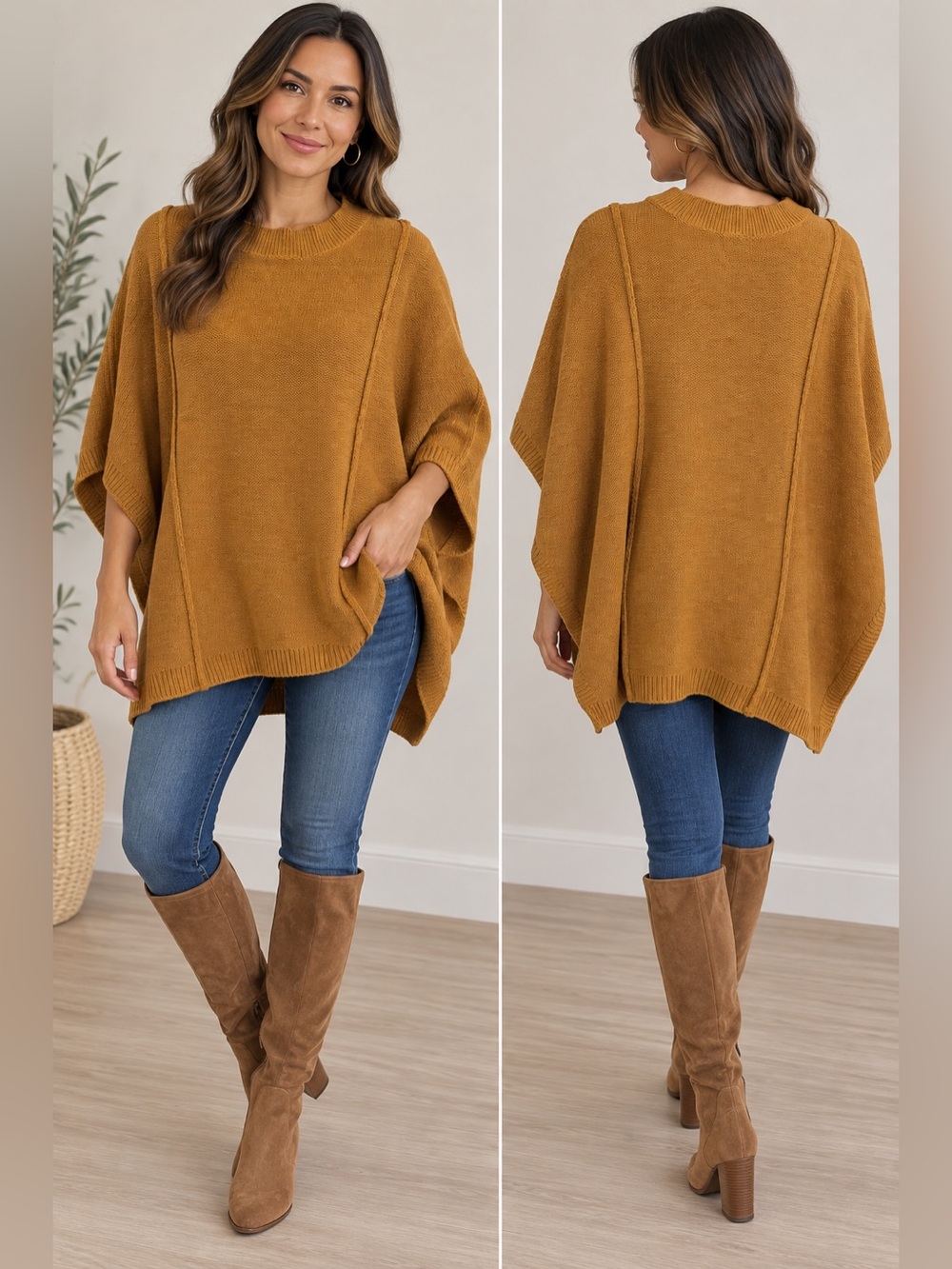 Andrée by Unit Mustard Oversized Poncho Sweater Crewneck Boho Cape Dolman